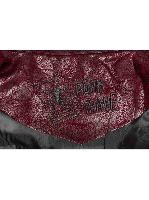 Stand-Up Metal Button Lace-Up Hot Rubber Sleeve Red Punk Leather Women Windbreaker