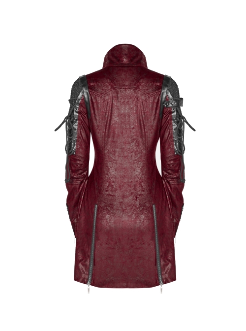 Stand-Up Metal Button Lace-Up Hot Rubber Sleeve Red Punk Leather Women Windbreaker