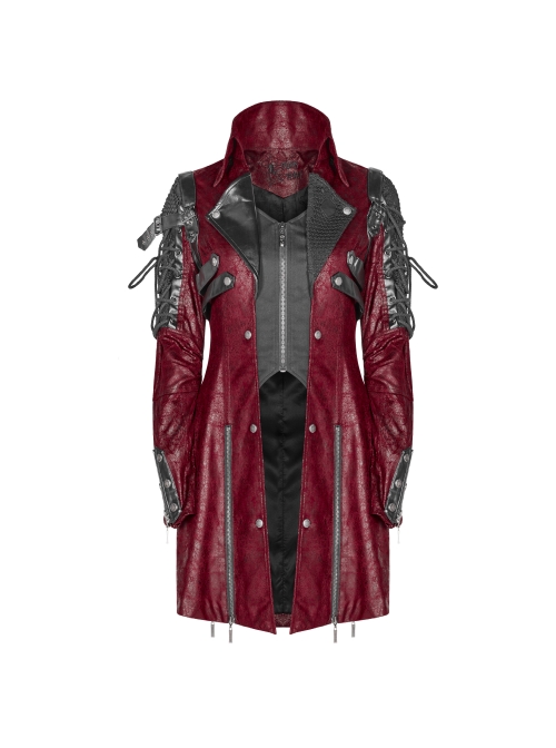 Stand-Up Metal Button Lace-Up Hot Rubber Sleeve Red Punk Leather Women Windbreaker