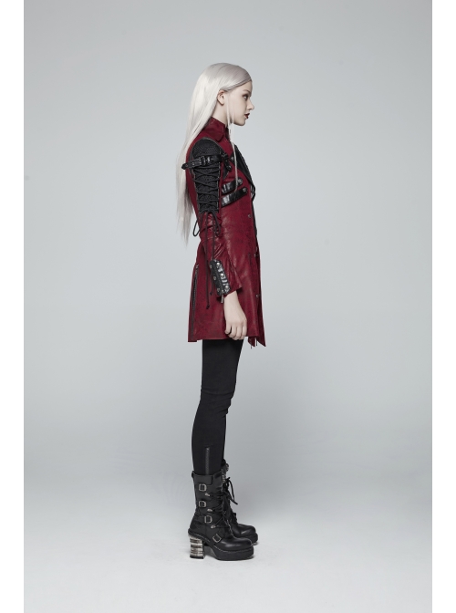 Stand-Up Metal Button Lace-Up Hot Rubber Sleeve Red Punk Leather Women Windbreaker