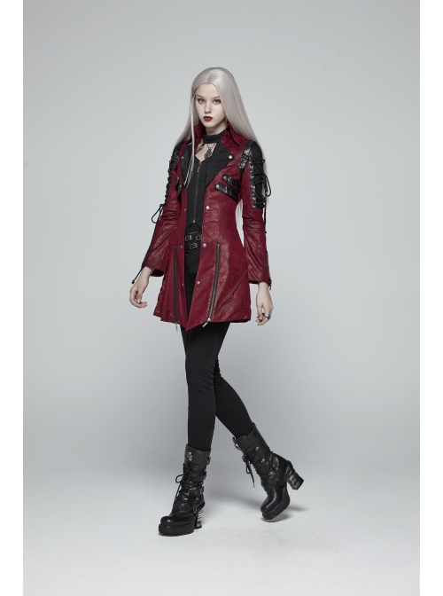 Stand-Up Metal Button Lace-Up Hot Rubber Sleeve Red Punk Leather Women Windbreaker