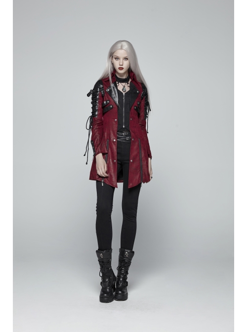 Stand-Up Metal Button Lace-Up Hot Rubber Sleeve Red Punk Leather Women Windbreaker