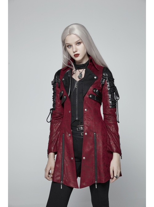 Stand-Up Metal Button Lace-Up Hot Rubber Sleeve Red Punk Leather Women Windbreaker