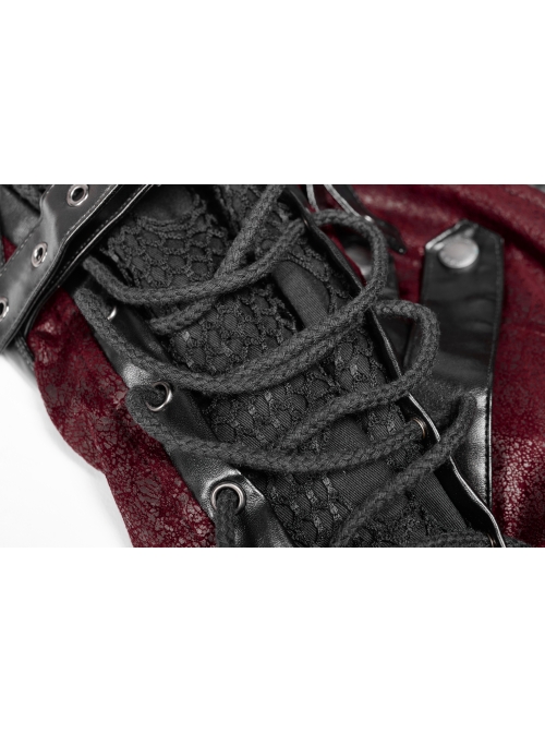 Stand-Up Metal Button Lace-Up Hot Rubber Sleeve Red Punk Leather Women Windbreaker