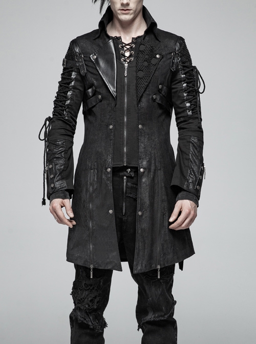 Stand-Up Metal Button Lace-Up Hot Rubber Sleeve Black Punk Leather Men Windbreaker
