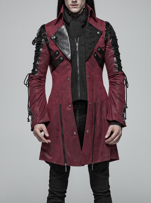 Stand-Up Metal Button Lace-Up Hot Rubber Sleeve Red Punk Leather Men Windbreaker