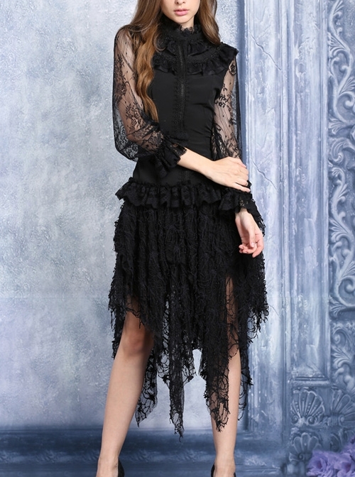 Front Chest Lace Frill Zipper Long Sleeve Irregular Hem Black Gothic Chiffon Blouse