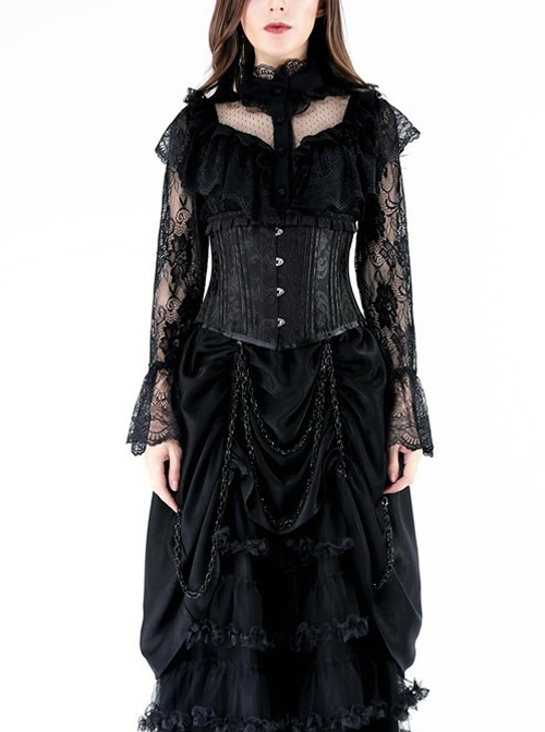 Lolita High Collar Front Chest Frill Long Sleeve Flounce Cuff Black Gothic Lace Blouse