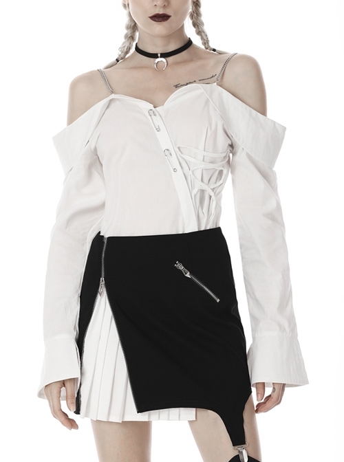 Off-Shoulder Front Chest Irregular Lace-Up Metal Pin Decoration Flare Sleeve White Punk Blouse