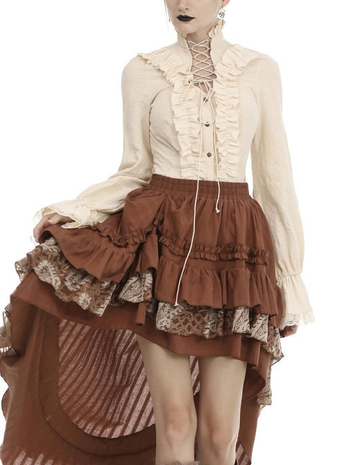 High Collar Front Chest Hollow-Out Lace-Up Frill Metal Retro Button Long Sleeve Lace Cuff White Punk Blouse