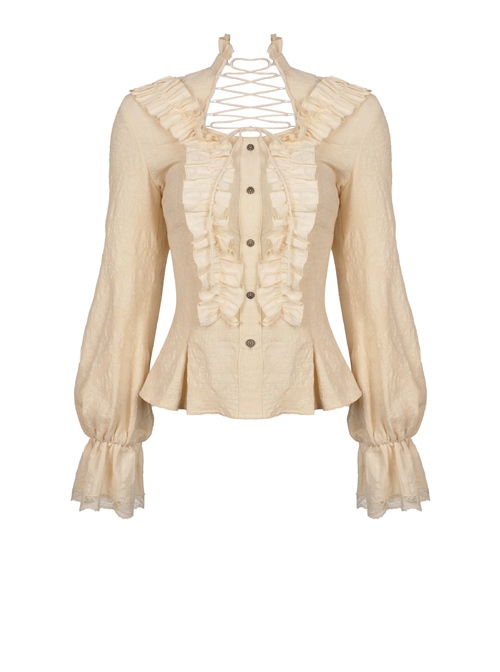 High Collar Front Chest Hollow-Out Lace-Up Frill Metal Retro Button Long Sleeve Lace Cuff White Punk Blouse