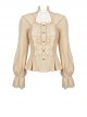 High Collar Front Chest Hollow-Out Lace-Up Frill Metal Retro Button Long Sleeve Lace Cuff White Punk Blouse