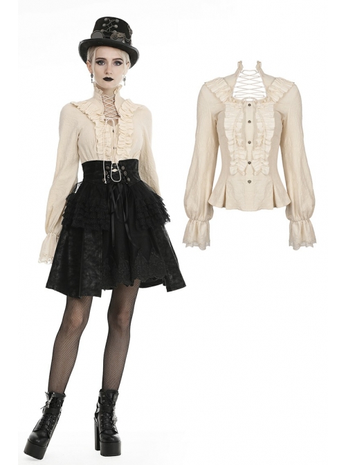 High Collar Front Chest Hollow-Out Lace-Up Frill Metal Retro Button Long Sleeve Lace Cuff White Punk Blouse