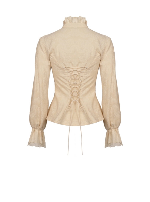 High Collar Front Chest Hollow-Out Lace-Up Frill Metal Retro Button Long Sleeve Lace Cuff White Punk Blouse