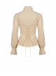 High Collar Front Chest Hollow-Out Lace-Up Frill Metal Retro Button Long Sleeve Lace Cuff White Punk Blouse