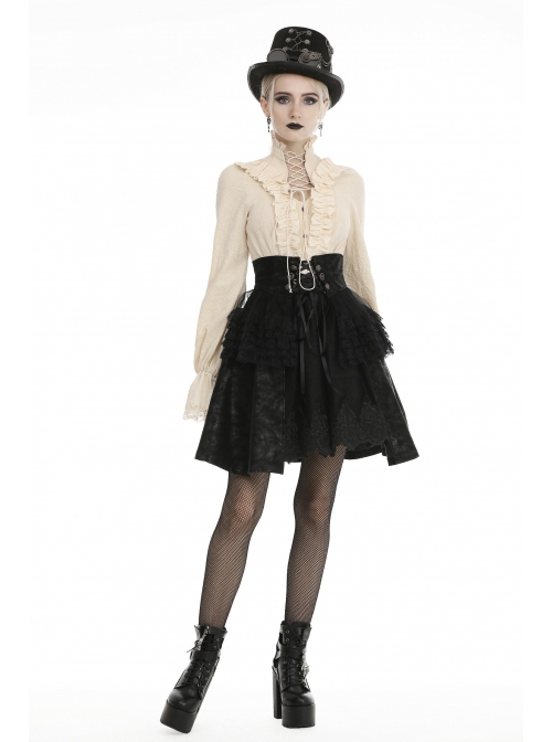 High Collar Front Chest Hollow-Out Lace-Up Frill Metal Retro Button Long Sleeve Lace Cuff White Punk Blouse