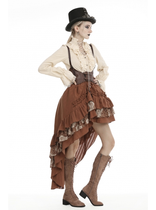 High Collar Front Chest Hollow-Out Lace-Up Frill Metal Retro Button Long Sleeve Lace Cuff White Punk Blouse