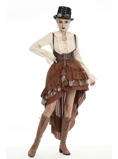 High Collar Front Chest Hollow-Out Lace-Up Frill Metal Retro Button Long Sleeve Lace Cuff White Punk Blouse
