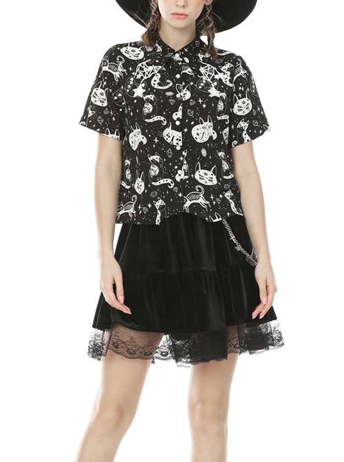 Front Metal Button Short Sleeve Black And White Punk Print Blouse