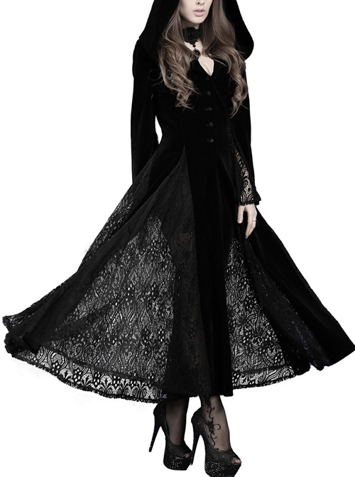 V-Neck Front Button Flare Sleeve Lace Cuff Black Gothic Velvet Long Dress