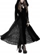 V-Neck Front Button Flare Sleeve Lace Cuff Black Gothic Velvet Long Dress