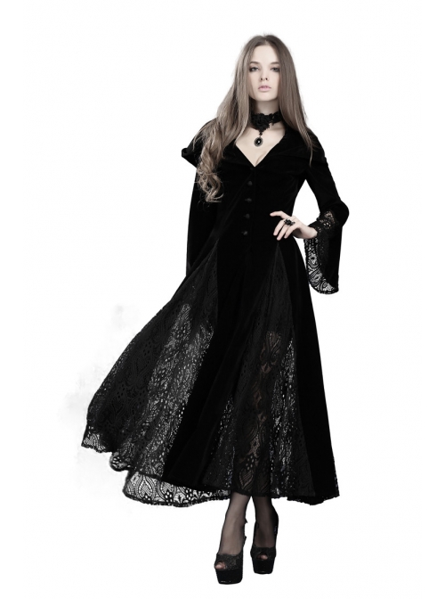 V-Neck Front Button Flare Sleeve Lace Cuff Black Gothic Velvet Long Dress