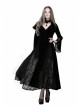 V-Neck Front Button Flare Sleeve Lace Cuff Black Gothic Velvet Long Dress