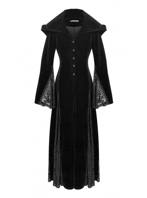 V-Neck Front Button Flare Sleeve Lace Cuff Black Gothic Velvet Long Dress