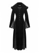 V-Neck Front Button Flare Sleeve Lace Cuff Black Gothic Velvet Long Dress