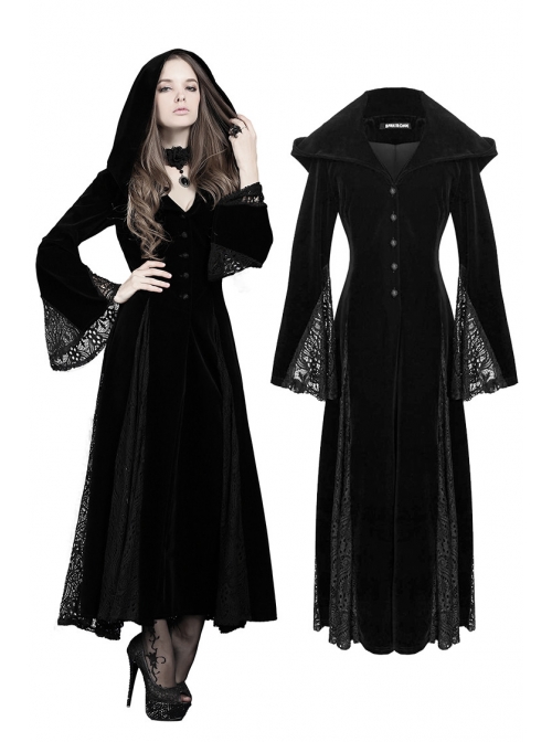 V-Neck Front Button Flare Sleeve Lace Cuff Black Gothic Velvet Long Dress