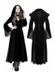 V-Neck Front Button Flare Sleeve Lace Cuff Black Gothic Velvet Long Dress