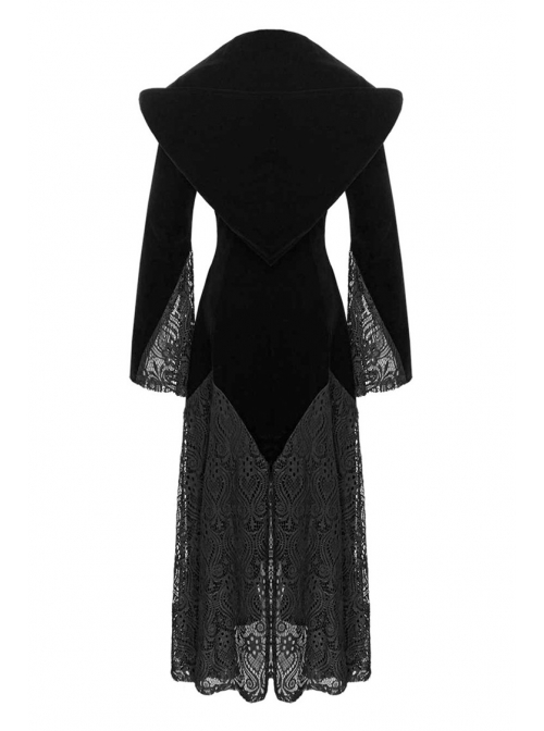 V-Neck Front Button Flare Sleeve Lace Cuff Black Gothic Velvet Long Dress