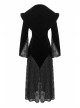 V-Neck Front Button Flare Sleeve Lace Cuff Black Gothic Velvet Long Dress