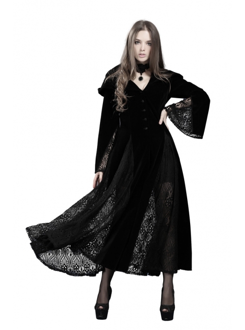V-Neck Front Button Flare Sleeve Lace Cuff Black Gothic Velvet Long Dress