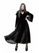 V-Neck Front Button Flare Sleeve Lace Cuff Black Gothic Velvet Long Dress