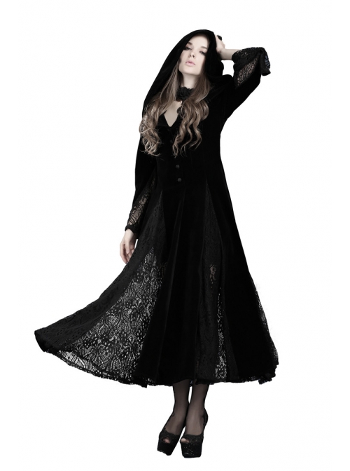 V-Neck Front Button Flare Sleeve Lace Cuff Black Gothic Velvet Long Dress