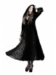 V-Neck Front Button Flare Sleeve Lace Cuff Black Gothic Velvet Long Dress