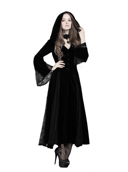 V-Neck Front Button Flare Sleeve Lace Cuff Black Gothic Velvet Long Dress