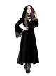 V-Neck Front Button Flare Sleeve Lace Cuff Black Gothic Velvet Long Dress