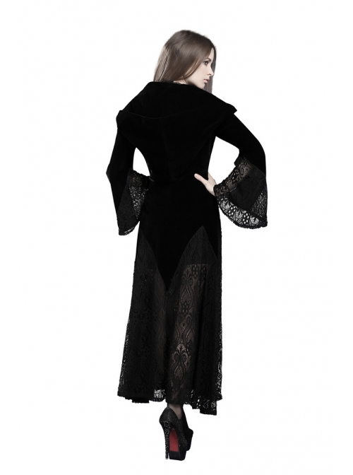 V-Neck Front Button Flare Sleeve Lace Cuff Black Gothic Velvet Long Dress