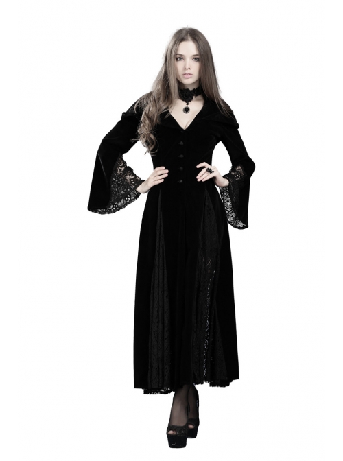 V-Neck Front Button Flare Sleeve Lace Cuff Black Gothic Velvet Long Dress