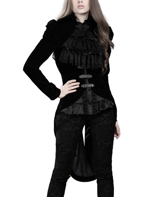 Stand-Up Collar Front Buckle Splice Lace Mesh Long Sleeve Black Gothic Gowns Blouse