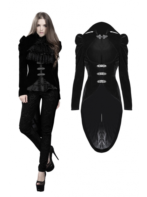 Stand-Up Collar Front Buckle Splice Lace Mesh Long Sleeve Black Gothic Gowns Blouse