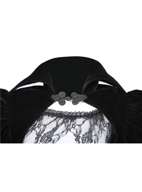 Stand-Up Collar Front Buckle Splice Lace Mesh Long Sleeve Black Gothic Gowns Blouse