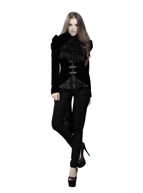 Stand-Up Collar Front Buckle Splice Lace Mesh Long Sleeve Black Gothic Gowns Blouse