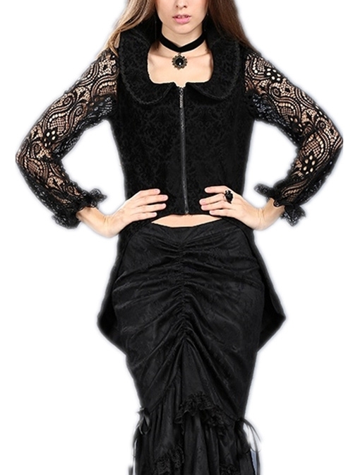 Front Metal Zipper Lace Long Sleeve Dovetail Hem Black Gothic Jacquard Jacket