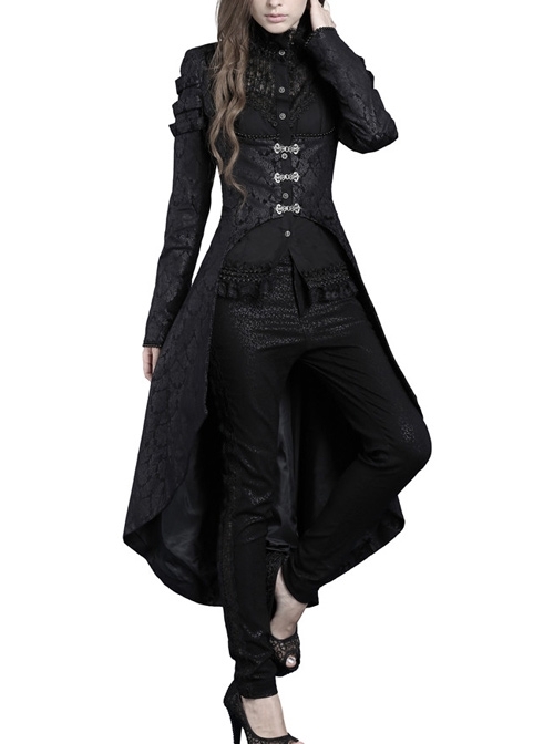 High Collar Front Chest Splice Lace Mesh Metal Buckle Long Sleeve Dovetail Hem Black Gothic Gown Blouse