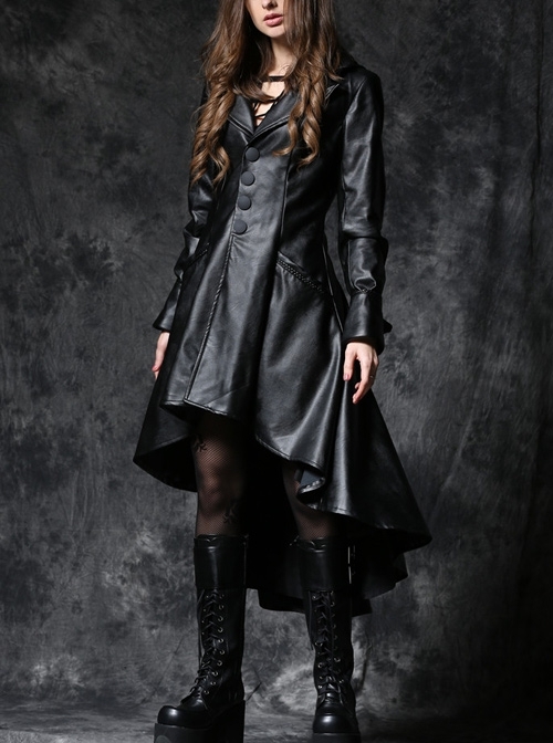 Front Button Long Sleeve Metal Eyelets Cap Dovetail Hem Black Gothic Leather Jacket