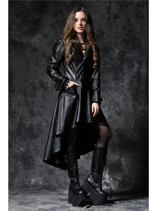Front Button Long Sleeve Metal Eyelets Cap Dovetail Hem Black Gothic Leather Jacket