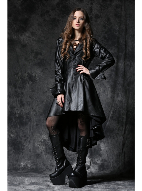 Front Button Long Sleeve Metal Eyelets Cap Dovetail Hem Black Gothic Leather Jacket